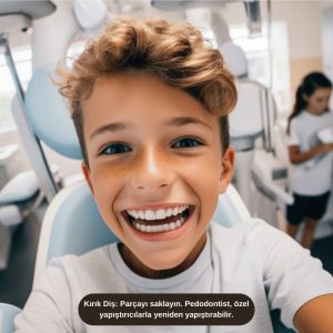 Kırık Diş Parçayı saklayın. Pedodontist, özel yapıştırıcılarla yeniden yapıştırabilir.